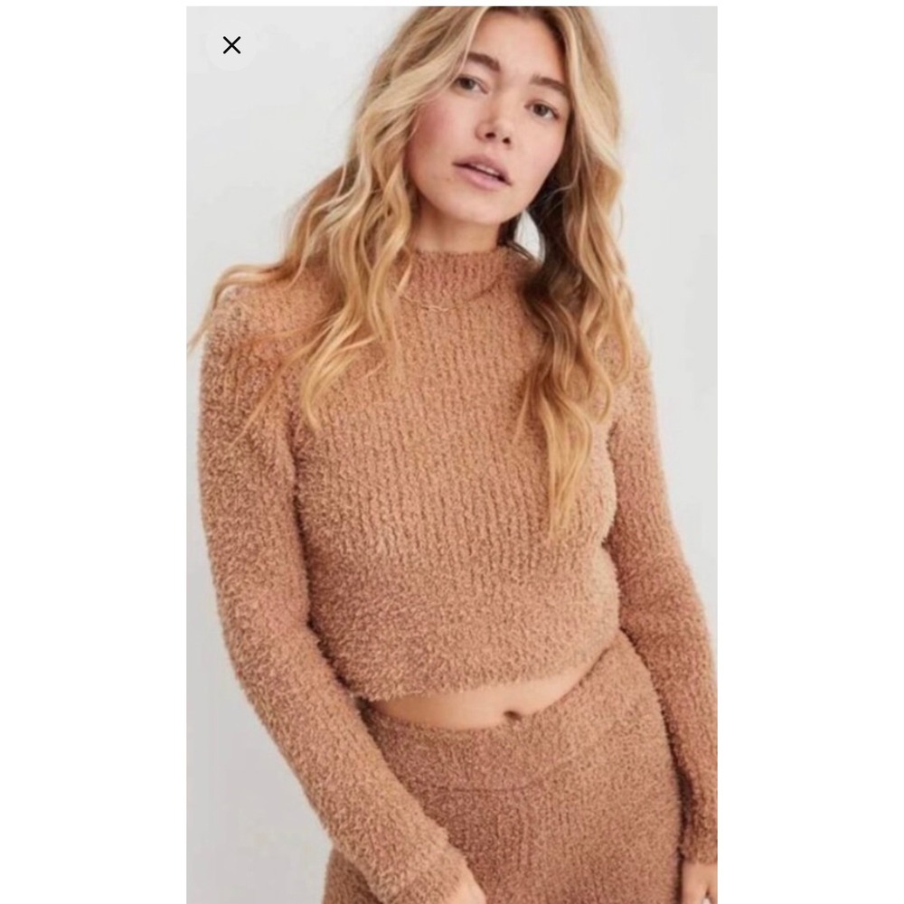 Aerie Sweater Womens XL Tan Cropped Popcorn Knit Fuzzy Cozy Loungewear